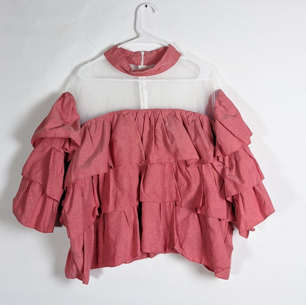 Impulsive ruffle tiered and sheer shoulder top